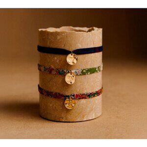 NEW Sézane Floral Liberty Gold Charm Bracelets Set of 2 | Green/Red Multi